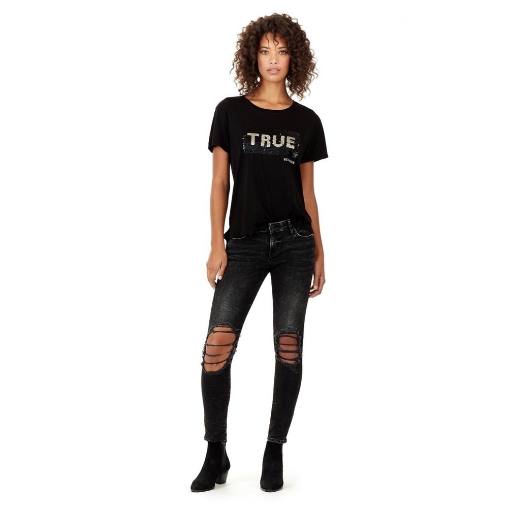 NEW TRUE RELIGION WOMEN TEE SHIRT T-SHIRT SEQUIN COTTON PREMIUM BLACK GOLD S